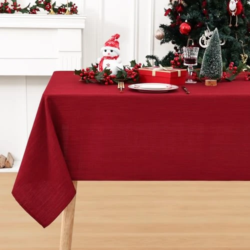 smiry Christmas Table Cloth Rectangle 140x240 cm Wipe Clean Linen Xmas Tablecloth Water Resistant Table Cover for Kitchen, Festival Party Decorations - Red