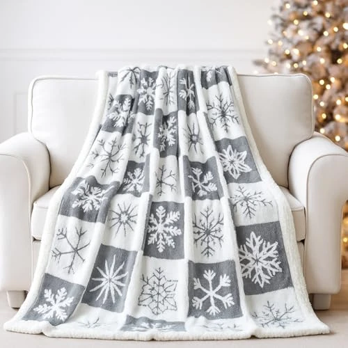 EAQ Weihnachtsdecke Kuscheldecke Flauschig Sherpa Flanell Sofaüberwurf Decke Sofadecke Doppelgesicht Extra Weich Wohnzimmer Sofaüberwurf Couchdecke für Bett Sofa (Weihnachts grau, 130x150cm)