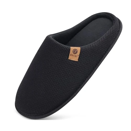 ONCAI Heren Huisslippers, Kussen Geheugen Schuim schudden Fleece en Man Huisschoenen met Valse Bont Voering en Binnen Buiten Rubber Zolen Amerikaanse Zwart Maat 45 EU