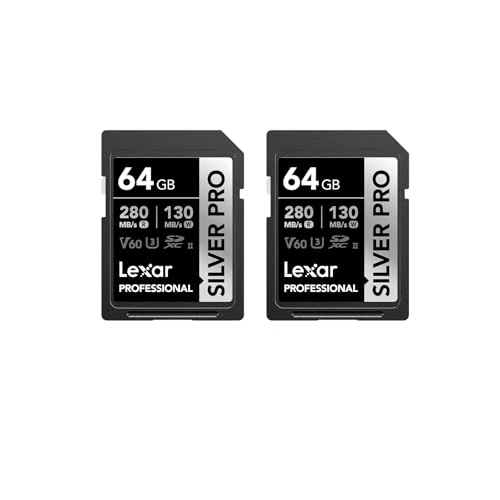 Offerta a tempo: Lexar SILVER PRO Scheda SD 2x64GB, Scheda di memoria SD UHS-II, V60, U3, C10, Fino a 280MB/s in lettura, 130MB/s in scrittura, Scheda SDXC per DSLR/Fotocamera/Fotografo/Videografo (LSDSIPR064G-B2NAA) - 0% da 69.56 € a 69.56 €