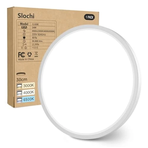 slochi Plafoniera LED Soffitto, 24W 3000K 4000K 6500K Lampada da Soffitto Bianca,2800LM IP44 Plafoniera Bagno Rotonda per Camera da Letto, Cucina, Soggiorno, Corridoio, Balcone, Ø30CM