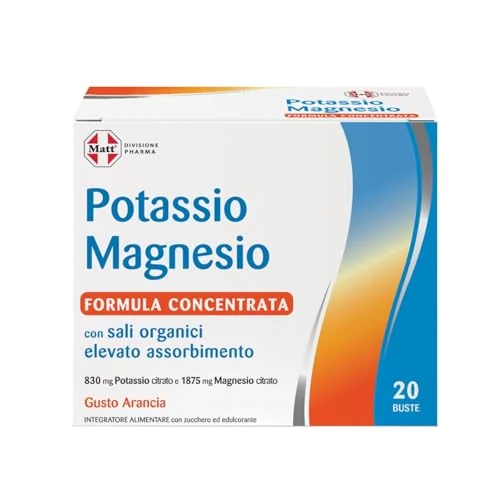 Offerta a tempo: Matt, Potassio Magnesio Formula Concentrata, Integratore Alimentare con Sali Organici, per la Normale Funzione Muscolare e per la Riduzione della Stanchezza, Confezione da 20 Bustine Gusto Arancia - 41% da 11.88 € a 6.99 €