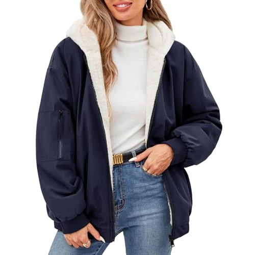 Limited-time offer: Tuopuda Womens Winter Jackets Thermal Zip Up Coat with Hood Casual Reversible Parka Jacket Windproof Warm Fleece Winter Coat Outdoor Jacket(Navy,L) from 29.99 GBP to 29.99 GBP (save 0%)