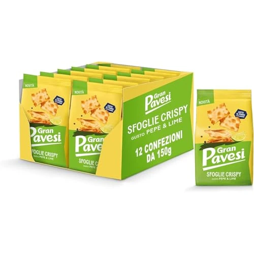 Offerta a tempo: Gran Pavesi Cracker Le Sfoglie Crispy Gusto Lime e Pepe, Cotte al Forno, Snack Salato e Croccante, Senza Olio di Palma, 12 Confezioni da 150g - 50% da 29.88 € a 14.94 €
