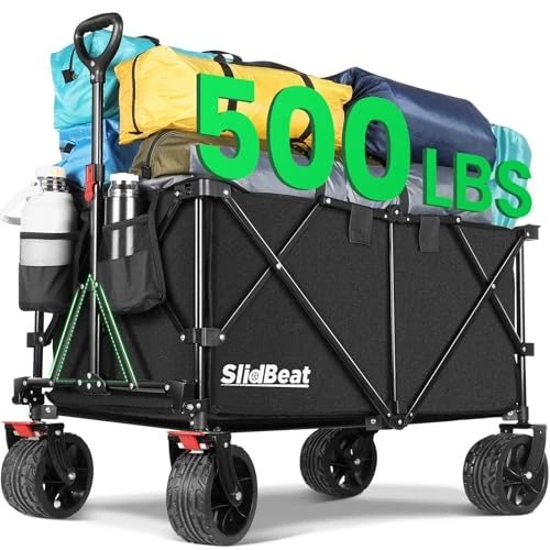 Zeitlich begrenztes Angebot: SLIDBEAT XXXL Bollerwagen Faltbar mit Bremsen, 300L 226KG Faltbollerwagen Große Räder, Getränkehalter Verstellbarem Griff Klappbar Bollerwagen Für Strand Garten Camping Shopping Transport Trolley von 99.99 € auf 84.99 € (15% R