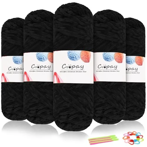 Coopay Velvet Chenille Wool for Crocheting, 500 g (5 x 100 g) Velvet Chenille Yarn, Thick Wool for Knitting, Fluffy Soft Velvet Chenille Wool with Crochet Accessories for Scarves, Blankets - Black