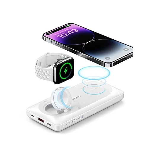 VRURC Magnetic Wireless Charger, 10000 mAh Portable Charger, 3 in 1 Power Bank, 22.5 W Quick Charge Compatible with iPhone Series, Apple Watch and AirPods 3/2/Pro Series - White