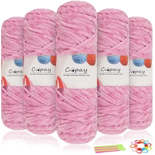 Tijdelijke aanbieding: Coopay Fluwelen chenillewol om te haken, 500 g, 5 x 100 g, fluwelen chenillegaren, dikke wol voor breien, pluizige zachte fluweelachtige chenillewol met haakaccessoires voor sjaals, dekens, lichtroze van 18.99 EUR naar 18.99 EUR (korting 0%)