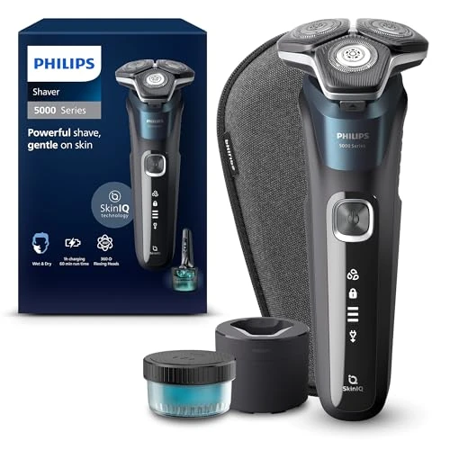 Offerta a tempo: Philips Shaver Series 5000, rasoio elettrico Wet & Dry con tecnologia SkinIQ, rifinitore a scomparsa, custodia da viaggio, Quick Clean Pod, spazzolina per la pulizia, modello S5889/50 - 0.00% da 149.92 € a 149.92 €