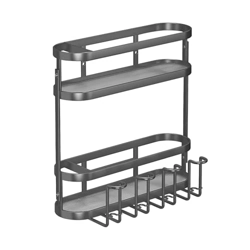 ALKNOT Doucheplank, badkamerorganizer, tandenborstelhouder, doucheplank, doucheplank, tandenborstelhouder, shampoohouder met vier tandenborstelhouders, dubbellaags, grijs, 30 x 8,5 x 29 cm