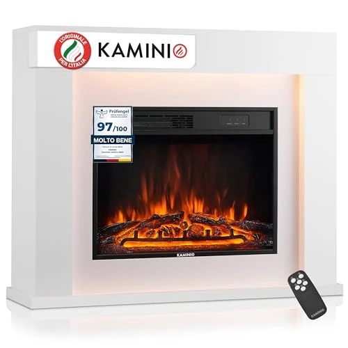 KAMINIO Camino elettrico Matti - Caminetto da pavimento con riscaldamento, effetto fiamma 3D, luce ambiente a LED, telecomando - 38 pollici (Bianco)