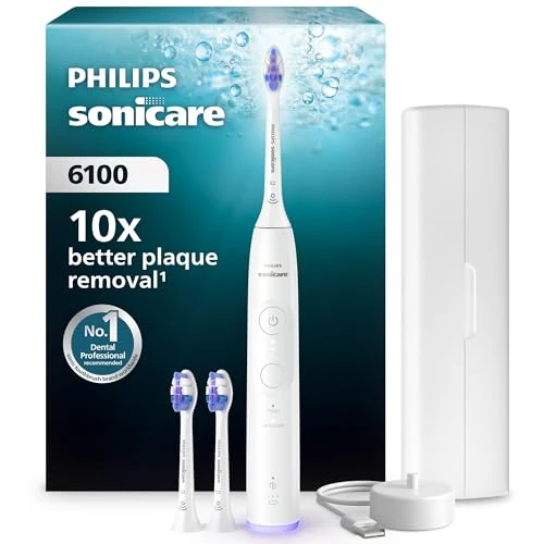 Limited offer: Philips Sonicare 6100 Electric Toothbrush, Sonic Toothbrush with 2 Brushing Modes and 3 Intensity Levels, Pressure Alert, EasyStart, SmarTimer, Travel Case, White, Model HX7400/02 [New Technology] from 332.17 EUR to 136.19 EUR (save 59%)