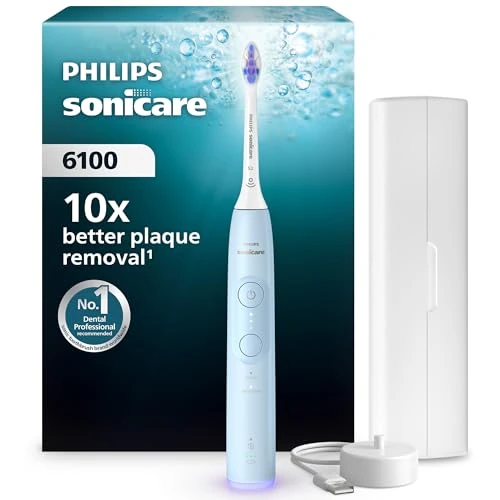 Begrenztes Angebot: Philips Sonicare 6100 elektrische Zahnbürste, Schallzahnbürste mit 2 Putzmodi, 3 Intensitätsstufen, Andruckkontrolle, EasyStart, SmarTimer, BrushPacer, Hellblau, Modell HX7406/02 [Neue Technologie] von 139.28 EUR auf 83.57 EUR (Rabatt 40%)
