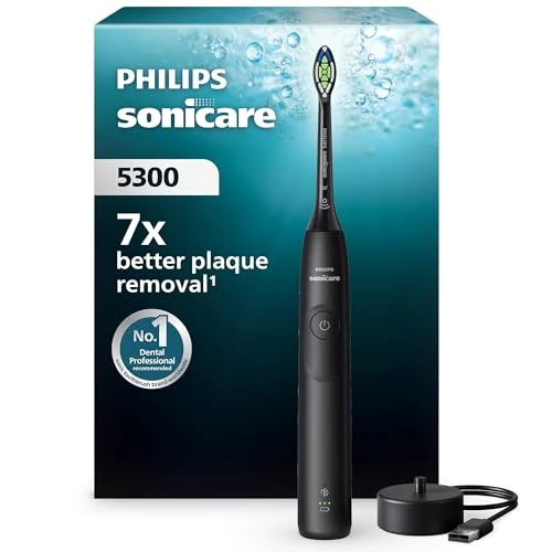 Begrenztes Angebot: Philips Sonicare 5300 elektrische Zahnbürste, Schallzahnbürste mit 2 Intensitätsstufen, Andruckkontrolle, EasyStart, Smartimer und BrushPacer, Schwarz, Modell HX7101/01 [Neue Technologie] von 69.61 EUR auf 54.99 EUR (Rabatt 21%)