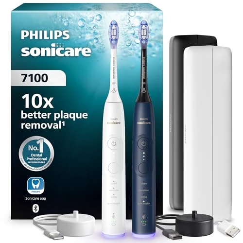 Begrenztes Angebot: Philips Sonicare 7100 elektrische Zahnbürste, Schallzahnbürste mit App, 4 Putzmodi und 3 Intensitätsstufen, Andruckkontrolle, EasyStart, Weiß und Marineblau, 2er Pack, HX7429/01 [Neue Technologie] von 222.82 EUR auf 204.99 EUR (Rabatt 8%)