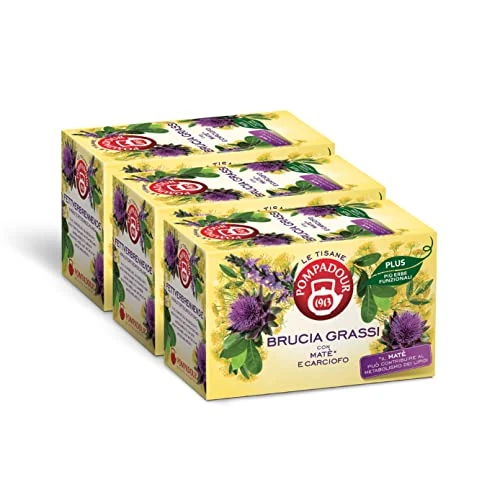 Offerta a tempo: Pompadour, Tisana Brucia Grassi PLUS con Mate e Carciofo, 54 Filtri (3 Confezioni da 18 Filtri), Favorisce il Metabolismo dei Lipidi e una Depurazione dell’Organismo, Senza Lattosio, Glutine, Vegan - 37% da 14.30 € a 8.97 €