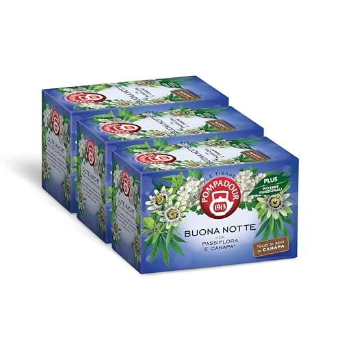 Offerta a tempo: Pompadour, Tisana Buona Notte Plus, 54 Filtri (3 Confezioni da 18 Filtri), con Passiflora e Canapa, Ideale alla Sera per Favorire il Sonno, Senza Lattosio, Glutine e Allergeni - 0.00% da 14.30 € a 14.30 €