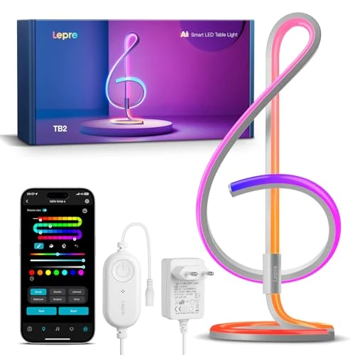 Lepro TB2 AI Lámpara de Mesa Inteligente, Asistente de Diseño de Iluminación AI, Luz Nocturna Espiral con Nota Diseño, RGB+IC Sync de Música y Control de Voz Funciona con Alexa/Google para Decoración