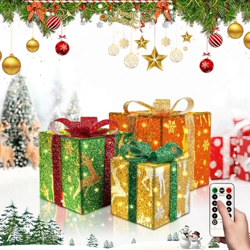 Robofun Set van 3 heldere LED-lampjes voor Kerstmis, met afstandsbediening, 8 verlichtingsmodi voor decoratie, rood, groen en geel