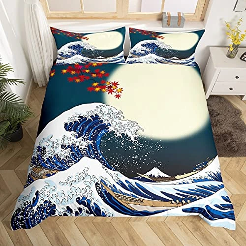 Homemissing Japanese Hokusai Modèle Parure de lit 135 x 200 cm Exotique Japanese Style Housse de couette Bleu Wave Modèle Housse de couette pour enfants Fuji Mountain Imprimé Housse de couette