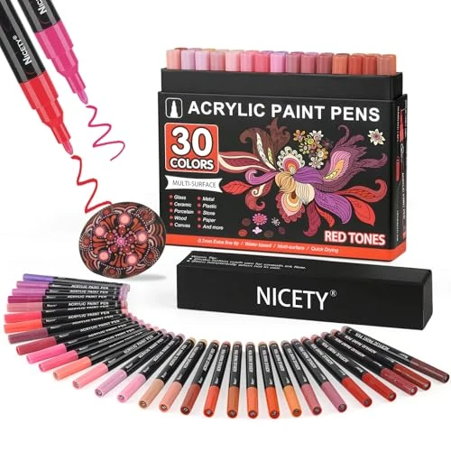 NICETY 30 pennarelli acrilici – Pennarello acrilico vetro per legno, tela, vetro, ceramica – acrilico Paint Marker a base d'acqua da 0,7 mm extra punta fine (rosso)