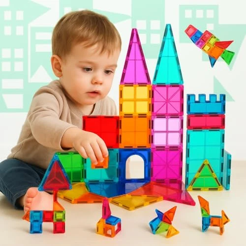 NK Set di Costruzione Magnetici per Bambini (65 Pezzi) - Pezzi Magnetici 3D Magnetic Tiles, Giocattolo Educativo Montessori, Regalo di Compleanno Natale per Bambini