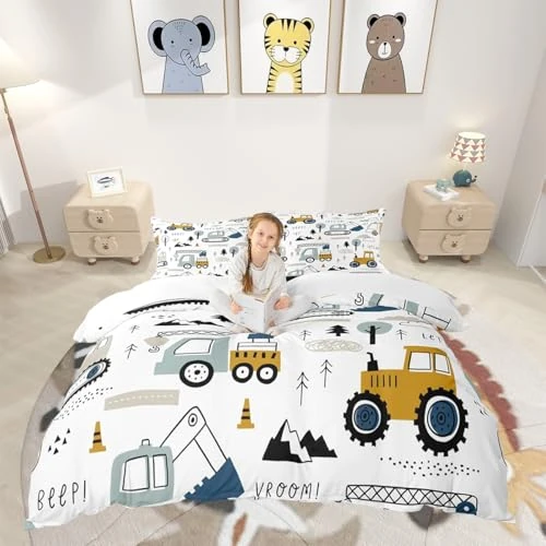 Homemissing Bouw Dekbedovertrek Cartoon Uitrusting Vrachtwagen Set Dekbedovertrek 135 x 200 cm Auto Excavator Tractor Voertuigen Wit Dekbedovertrek