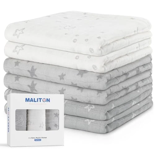 Limited-time offer: Maliton Muslin Cloths for Baby, 6 Pack 70x70CM Baby Muslins Pack for Newborn, Absorbent|Breathable Cotton Burp Cloths to Clean|Wipe,Muslin Squares Baby Essentials for Newborn-Universe Stars from 15.99 GBP to 13.99 GBP (save 13%)