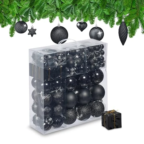 Begrenztes Angebot: Relaxdays Weihnachtskugeln 110er Set, Kunststoff, Weihnachtsbaumdeko mit Kugeln & Lametta, Christbaumschmuck, schwarz von 19.99 EUR auf 19.99 EUR (Rabatt 0%)