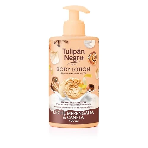 Zwarte tulp bodylotion met dispenser Merengada melk en kaneel, maximale hydratatie 400 ml, intensief ruikend voor alle huidtypes