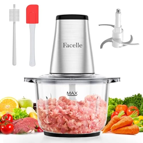 Picadora Electrica, Facelle Trituradora de Alimentos de 2L Picadora de Carne Eléctrica de 500 W con Recipiente de 4 Cuchillas Afiladas Para Carne, Verduras, Frutas, Frutos Secos y Alimentos Para Bebés