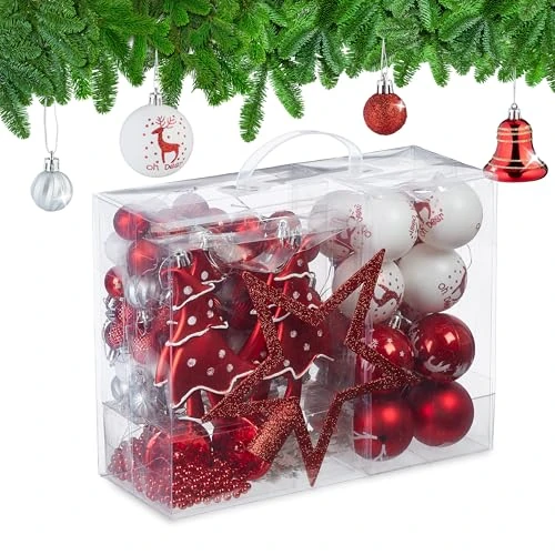 Offerta a tempo: Relaxdays Palline di Natale, Set 103 Addobbi Natalizi in Plastica, Decorazioni per Albero in Vari Design, Rosso Bianco - 23% da 34.99 € a 26.99 €