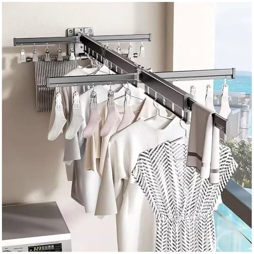 Droogrek voor kleding, wandmontage, intrekbaar kledingrek met haken, 360 ° draaibaar tri-inklapbaar droogrek voor waskleding voor balkon, wasruimte, badkamer (Gunmetal grijs)