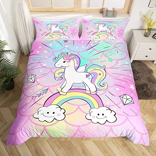 Offerta a tempo: Homemissing Unicorno Ragazza Bambini Copripiumini Carino Animale Coperta Rosa Mermaid Scales Set Copripiumino 135x200cm Unicorno Arcobaleno Copripiumone Morbido Camera Decorazione - 30% da 29.99 € a 20.99 €