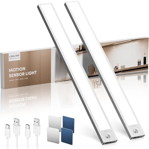 LROLTEF Luce LED Sottopensile Cucina 6500K 40CM Sensore di Movimento per Luci 2200mAh 66 LED Luce Armadio Lampada Dimmerabile per Cucina Scale Soggiorno Bagno Camere da Letto | 2 Pezzi Argento
