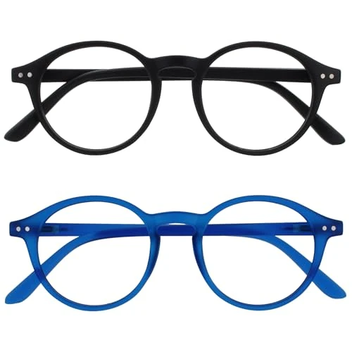 Tijdelijke aanbieding: OPULIZE REY Leesbril - 2-Pack - Retro Rond Montuur - Matzwart, Blauw - Heren Dames - Veerscharnieren - RR56-13 - +2.50 van 10.00 € naar 10.00 € (0.00% korting)