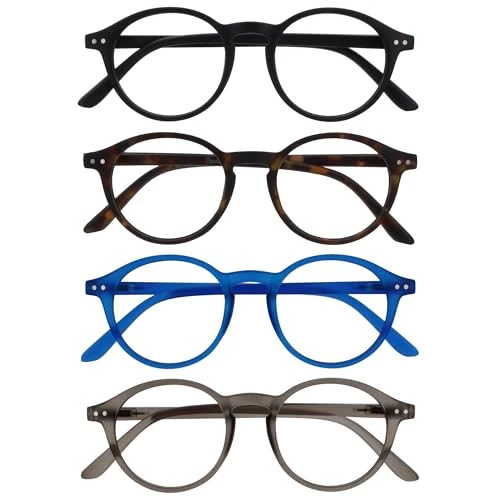 Limitiertes Angebot: OPULIZE REY Lesebrille - 4er-Pack - Runder Retro-Rahmen - Mattschwarz, Braunes Schildpatt, Blau, Grau - Herren Damen - Federscharniere - RRRR56-1237 - +3.00 von 16.00 EUR auf 16.00 EUR (Spare 0%)
