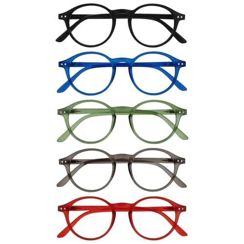 OPULIZE REY Lesebrille - 5er-Pack - Runder Retro-Rahmen - Mattschwarz, Blau, Grün, Grau, Rot - Herren Damen - Federscharniere - RRRRR56-1367Z - +2.50