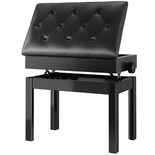 Sgabello Pianoforte Regolabile in Altezza 56x33x58CM, Panca Pianoforte con Spazio di Archiviazione, Sgabello per Pianoforte Carico Massimo 150KG, 4 PCS Gambe Pianoforte Legno Massello, Nero