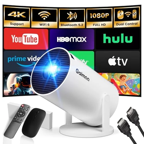 [Bulit-in App] Mini Beamer 1080P FHD 2024 Upgraded Projektor Portable Dual Control mit Maus Android TV WiFi 6 BT5.2 180° Verstellbar HDMI/TV Stick/USB/PS5, mit HDMI-Kabel und Maus,silbrig