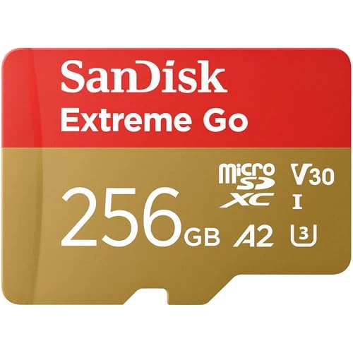 Limited-time offer: SANDISK Extreme Go micro SDXC card 256GB + SD adapter (For Android Devices, Gaming Consoles, Drones, Action Cams, UHS-I, up to 200 MB/s, V30, 5K, 4K, UHD, Rescue PRO, Class 10, U3) For Amazon from 53.99 £ to 42.99 £ (save 20%)