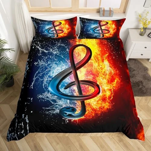 Homemissing Musik-Thema Einstellung Wasser Flamme Hinweis Druck Bettbezüge Musikmuster Kinder Bettbezug Weiche Jungen Mädchen Männer Frauen Hippie Stil Set Bettbezug 135x200cm