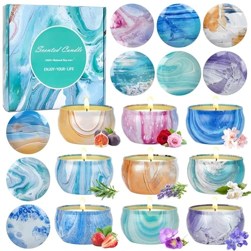 LDUMODUW Scented Candle Gift Set, 9 Pieces Candles Flower Fragrance with Soy Wax in Tins for Stress Relief, Small Scented Candles Set Candles Decoration, Natural Candle Wick Scented Candle Women's.