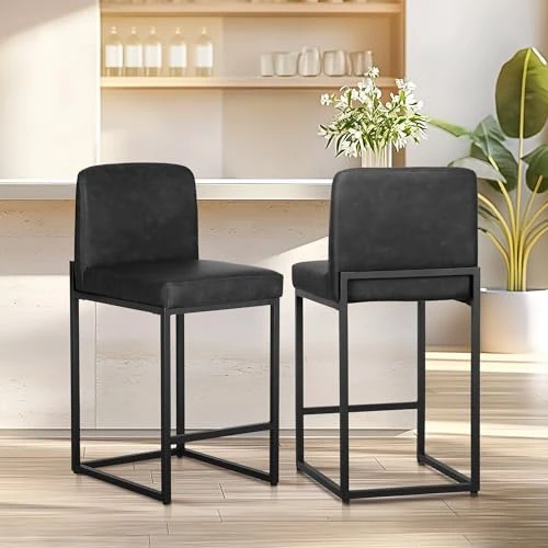 ALPHA HOME Taboret do makijażu, 2 stołki barowe, stołek biurowy, krzesła kuchenne z oparciem i podnóżkiem, wytrzymała metalowa rama, nowoczesny taboret bistro, taboret śniadaniowy, czarny