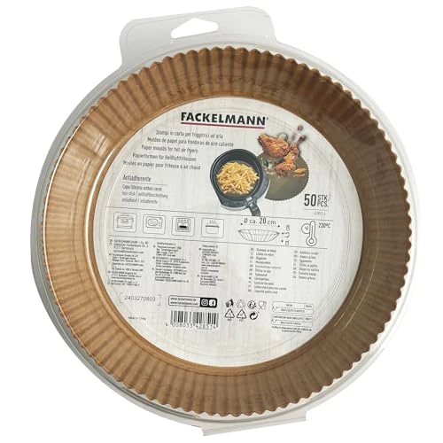 Fackelmann Vassoio di carta per friggitrice ad aria, carta per friggitrice rotonda, polpa di legno antiaderente e impermeabile, resistente fino a 230 °C, accessori friggitrice ad aria, 20 x 4,5 cm, 50