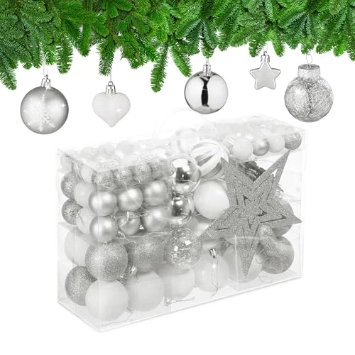 Offerta a tempo: Relaxdays Palline di Natale, Set 101 Addobbi Natalizi in Plastica, Decorazioni per Albero Vari Design, Puntale, Argento - 0.00% da 31.99 € a 31.99 €