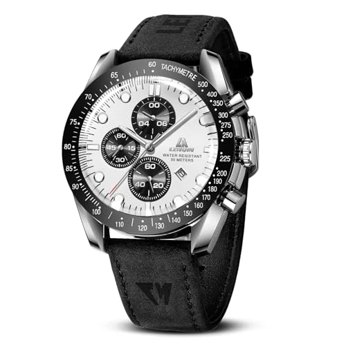Offerta a tempo: LN LENQIN Orologio Uomo Orologi Analogici Al Quarzo Impermeabili 30M Orologi Da Lavoro Alla Moda Con Datario Orologio in Pelle (Nero Argento Bianco) - 20% da 19.99 € a 15.99 €