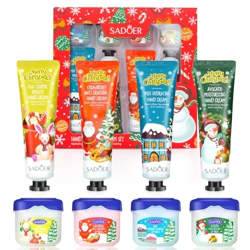 Offerta a tempo: Set Regalo di Natale, Confezione da 4 Creme Mani Mini per Pelle Molto Secca, Crema Mani Idratante di Natale per donna, Regali di Natale per Donne, con 4 Balsami Labbra - 33% da 8.99 € a 5.99 €