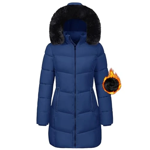 Tuopuda Damska parka z kapturem, kurtka zimowa, pogrubiona, wyściełana, pikowana kurtka puchowa, ciepła długa kurtka z futrzanym kapturem, ciepła odzież wierzchnia, outdoorowa, narciarstwo, snowboard,