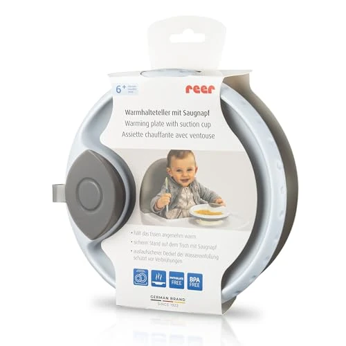 Offerta a tempo: reer Piatto caldo con ventosa, piatto antiscivolo per bambini | stoviglie per imparare a mangiare | mantiene i pasti caldi più a lungo | lavabile in lavastoviglie | grigio/bianco - 16% da 13.99 € a 11.74 €